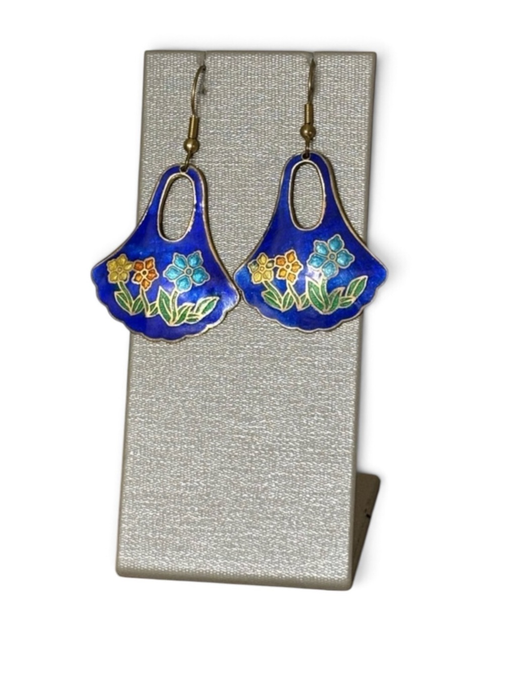 Blue Cloisonne Floral Brass Earrings